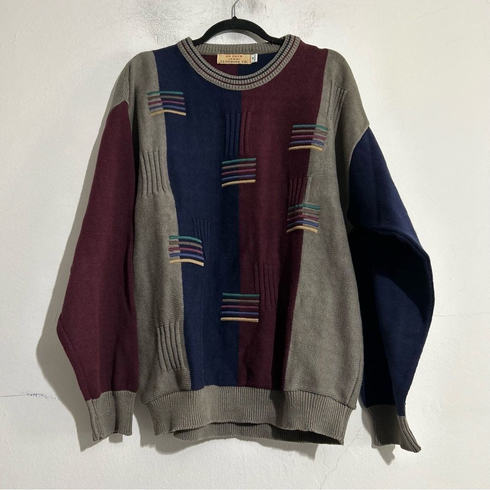 Vintage Colorblock Striped Knit Cotton Sweater Grandpa Dad Indie Grunge Fall